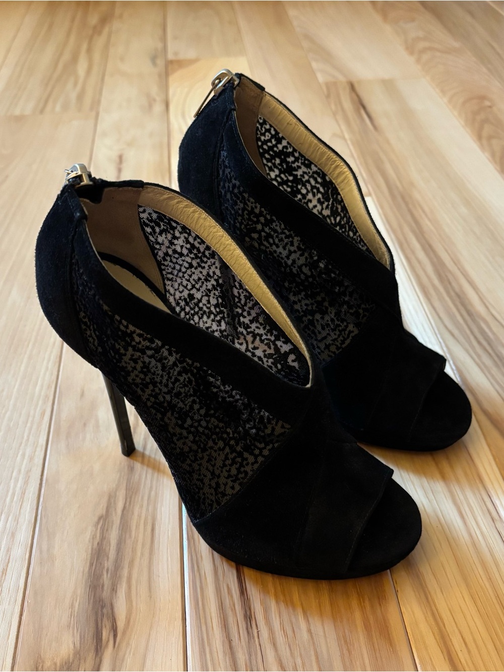 Jimmy Choo Vivid Black Suede Flocked Mesh Peep Toe Heels